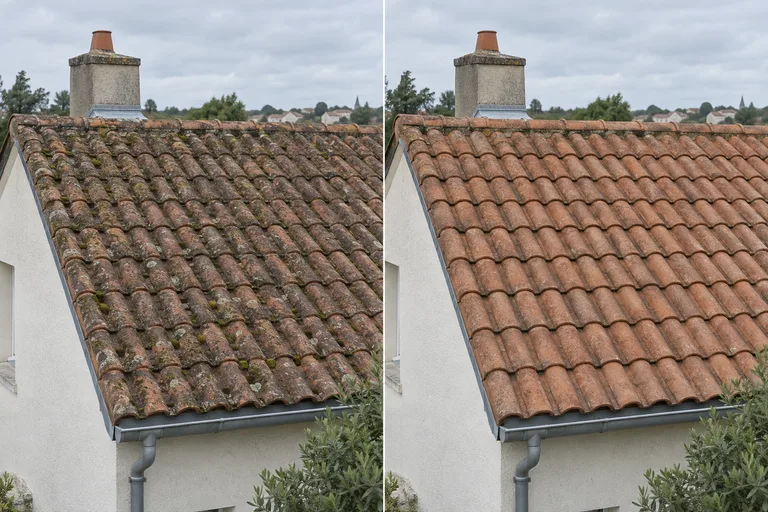 Comparaison générée d’une couverture en tuiles avec des mousses, puis nettoyée en conservant sa patine.