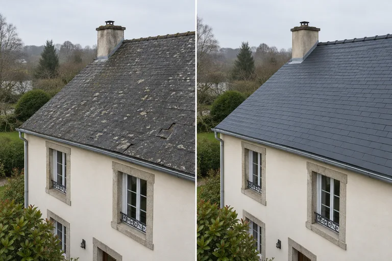 Simulation avant et après : une couverture en ardoises vieillie, puis renouvelée sur la même maison.